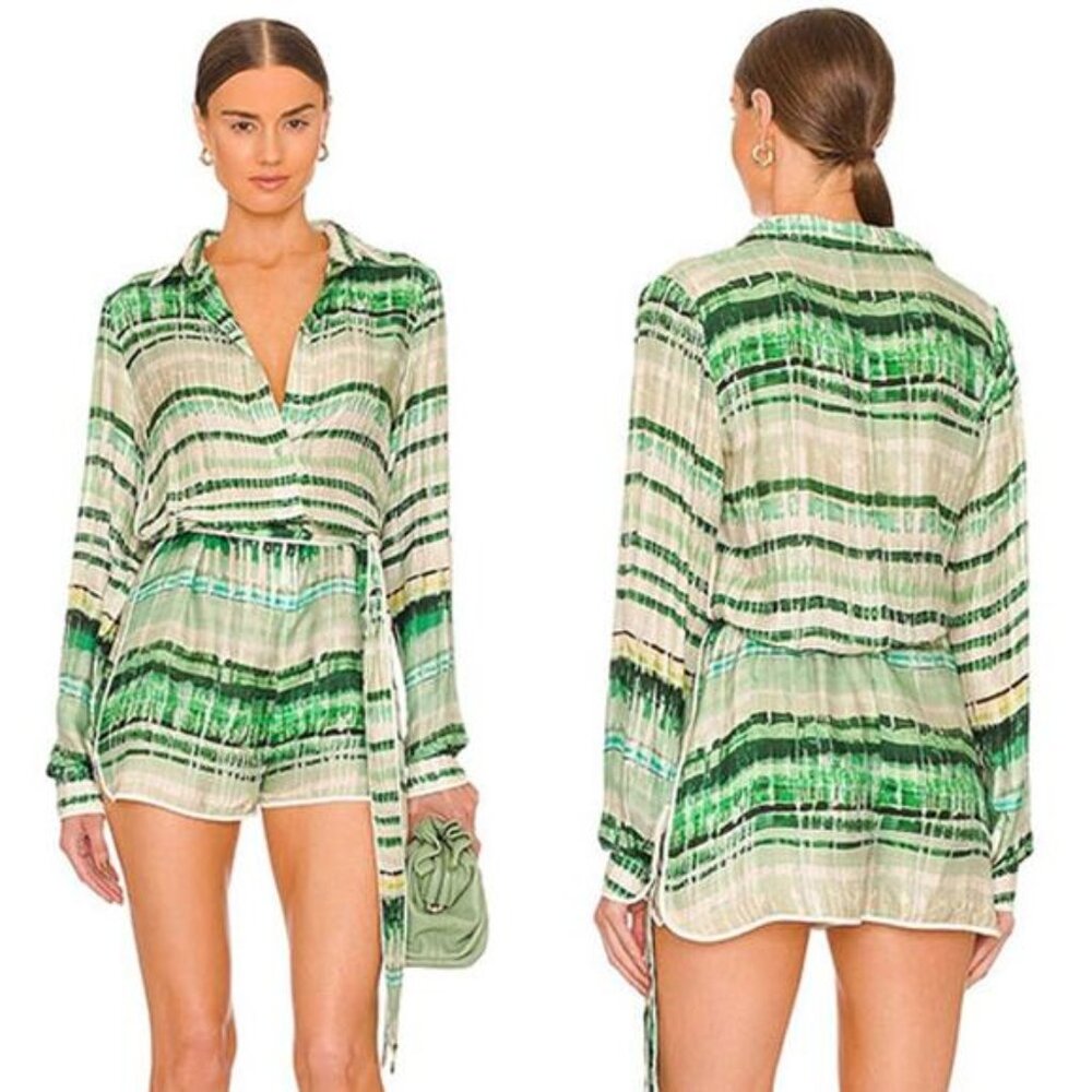 NWT Alexis Ladies Florentyn Stripe Long Sleeve Button Lined Romper Emerald Sz: S